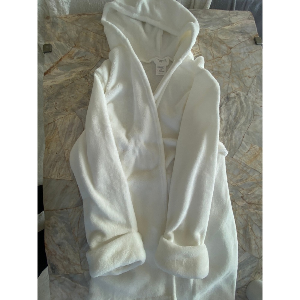 Gap Kids White Fleece Hooded Bathrobe Size 14 Recycled Polyester Tie Waist Robe - Picture 8 of 16